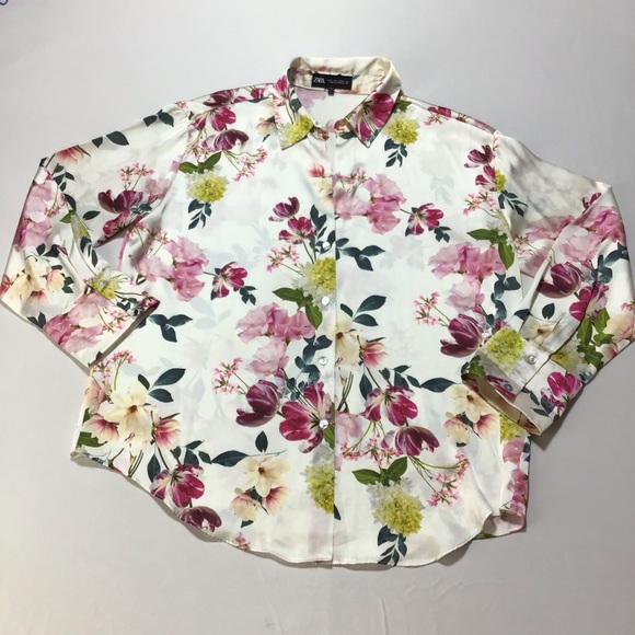 Zara Satin Floral Button Down Long Sleeve Blouse - Pink and Green - Picture 6 of 12
